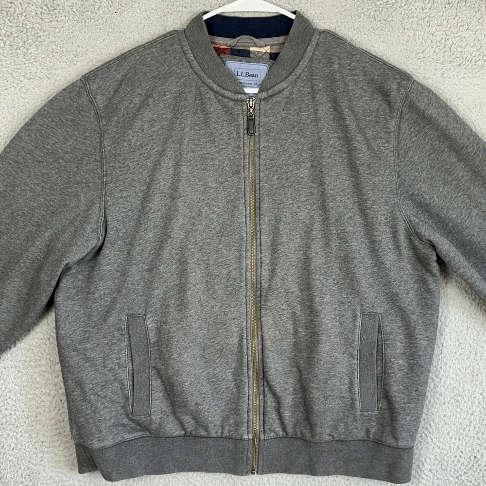 L.L. Bean Jacket Mens Large Grey Flannel Lined Bomber Traditional Fit Full Zip